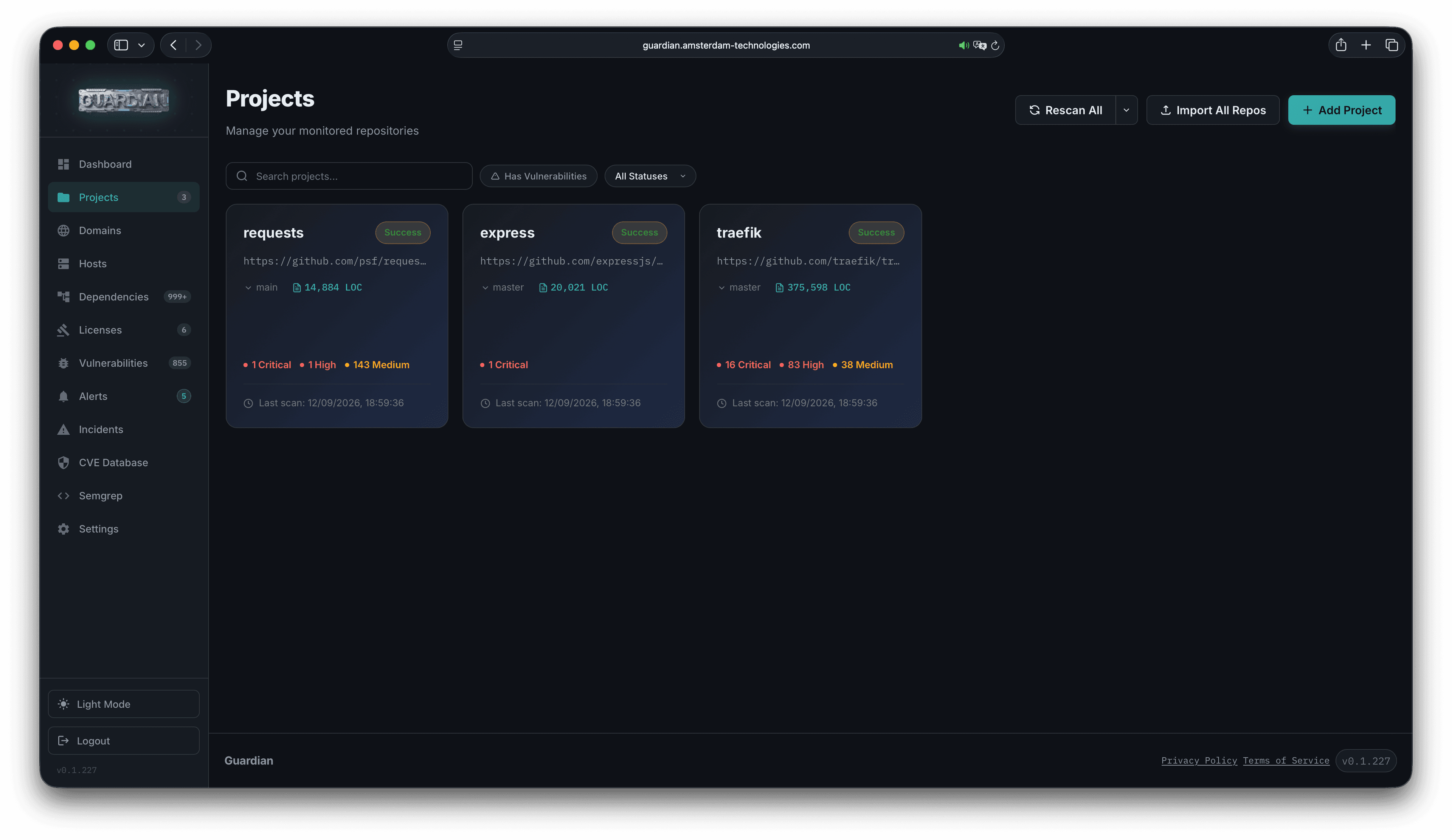 Guardian projects screen showing monitored repositories and security totals