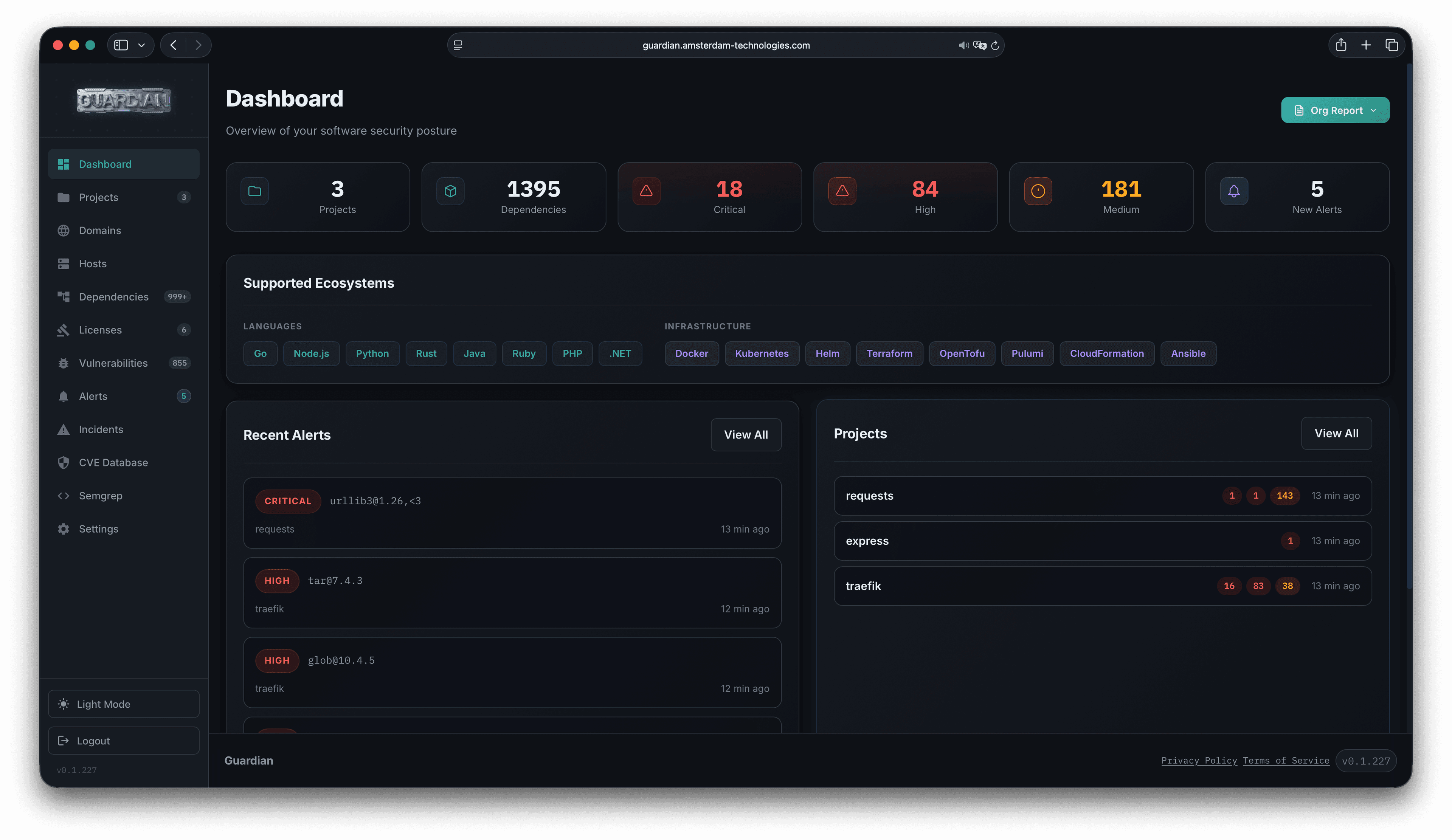 Guardian security dashboard with project, dependency, vulnerability, license, and alert metrics