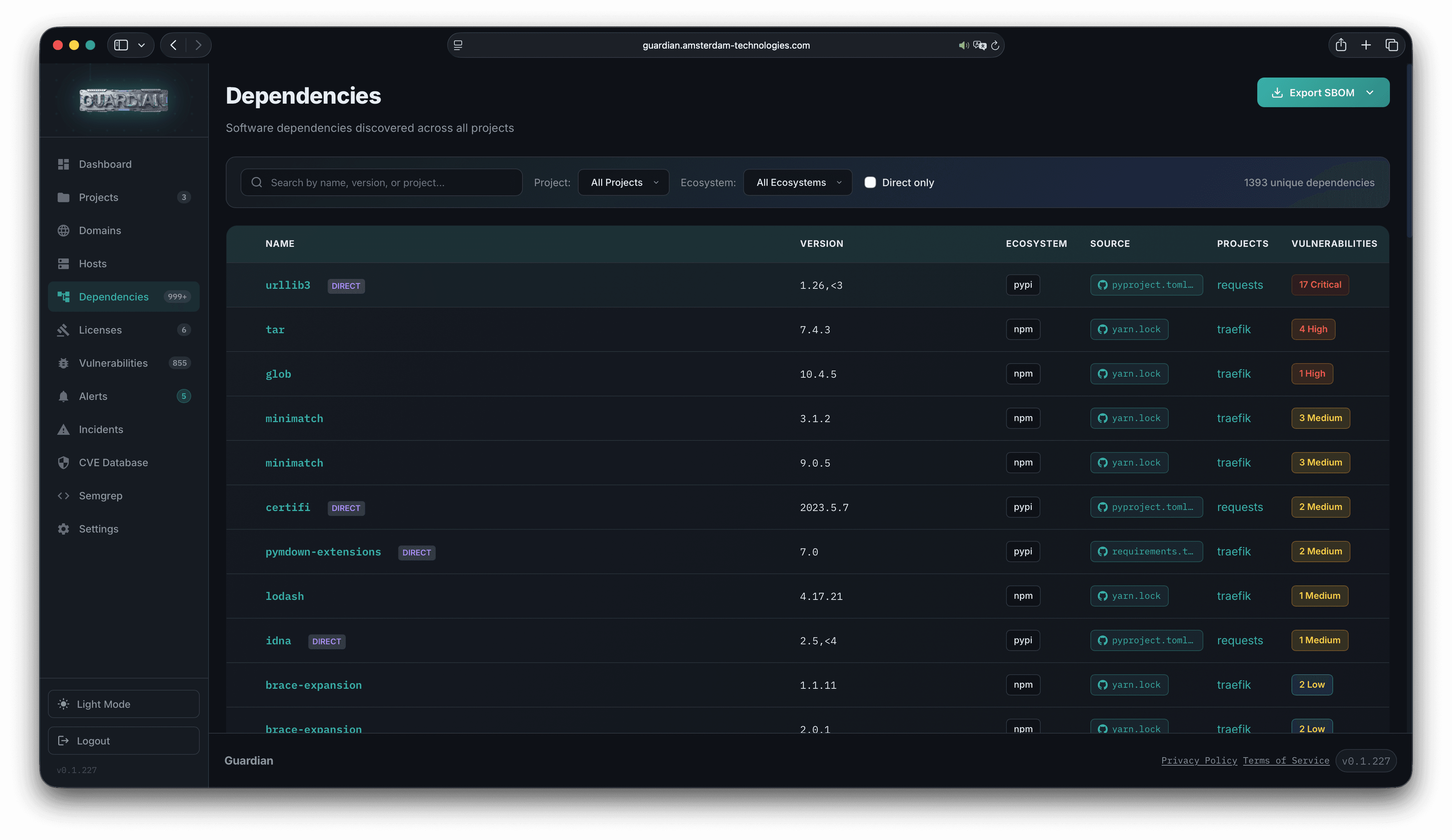 Guardian dependency inventory listing packages, versions, ecosystems, projects, and vulnerabilities