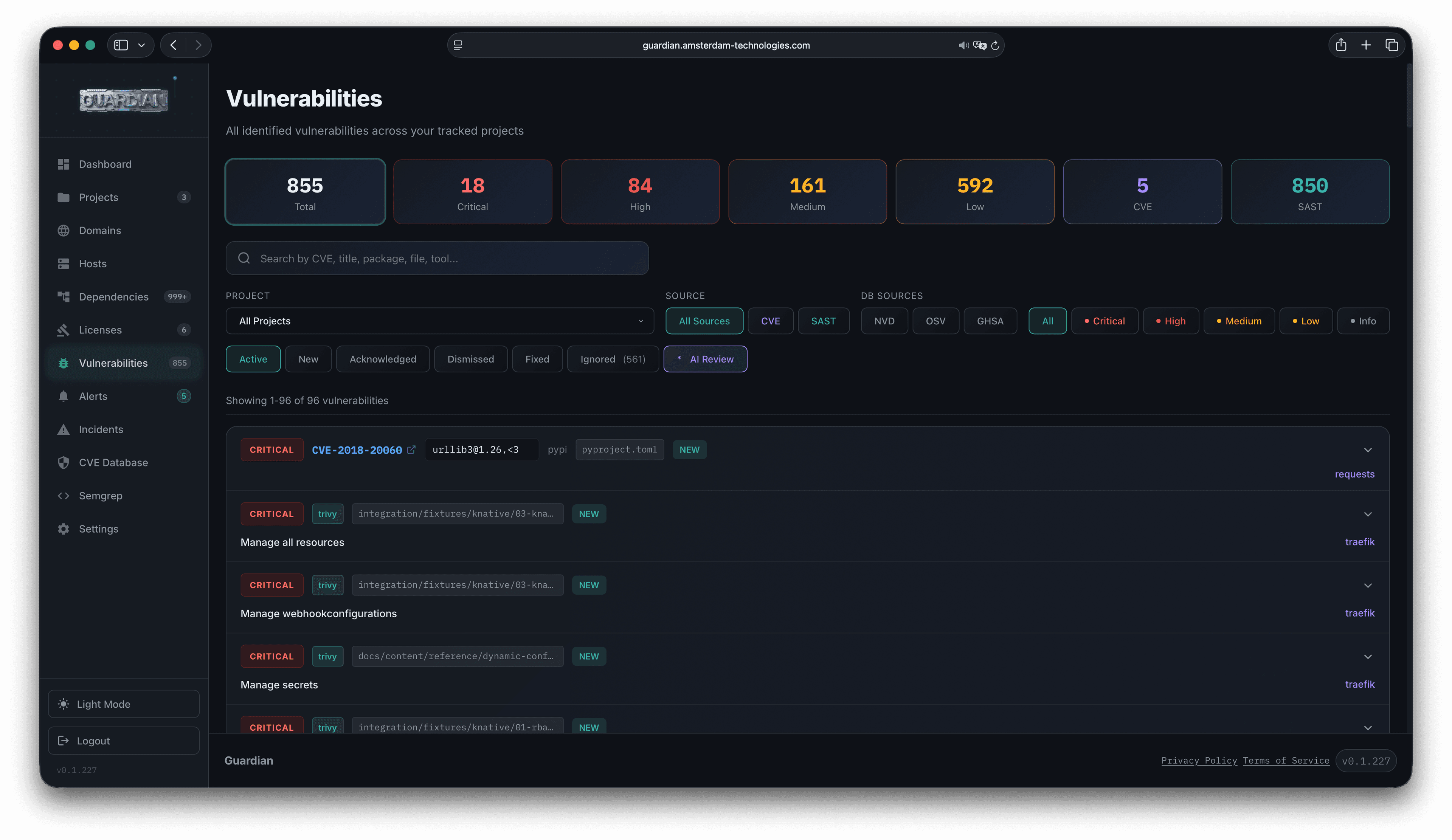 Guardian vulnerabilities screen with severity counts and expandable findings