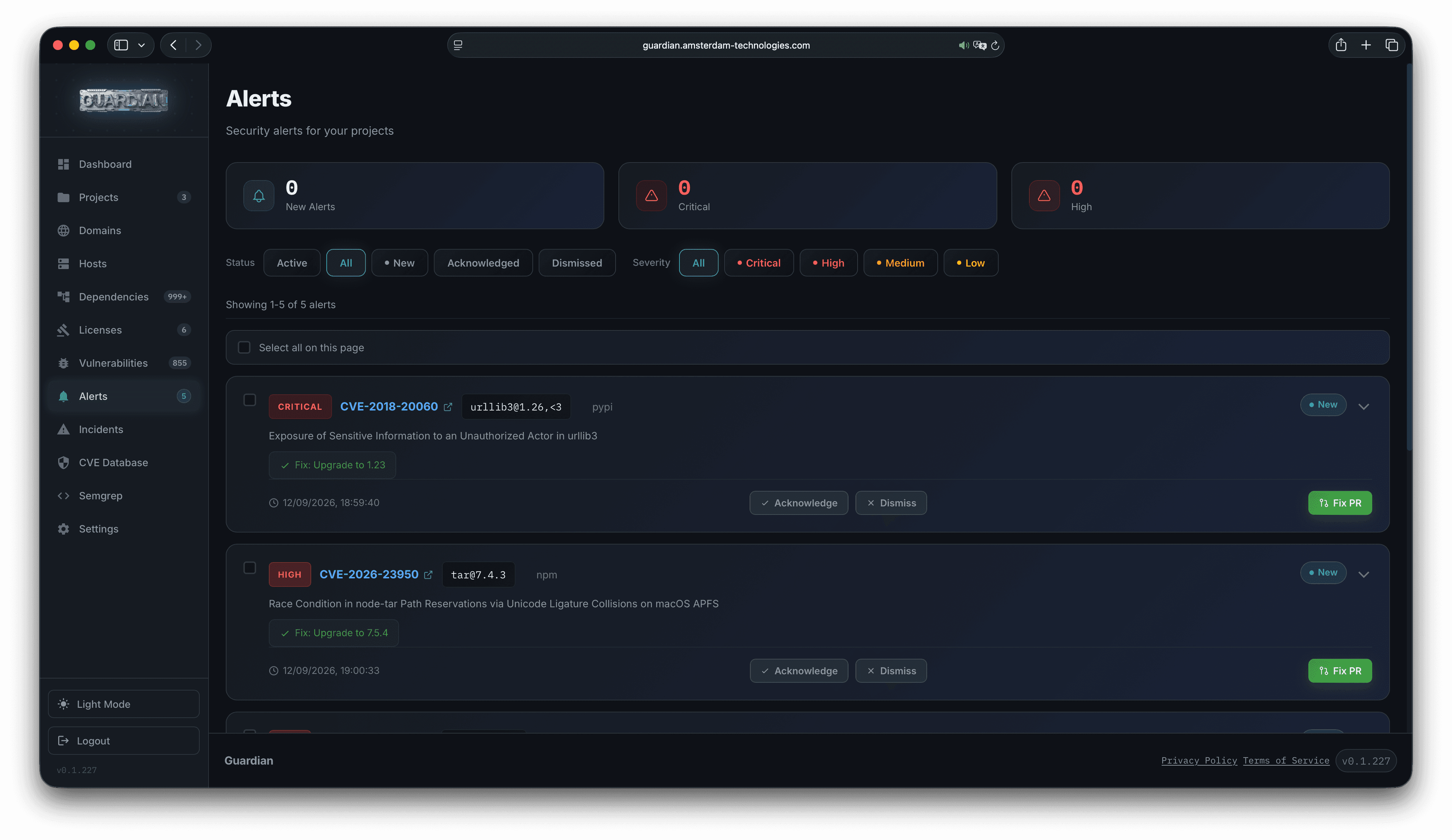 Guardian alerts screen showing critical vulnerability findings and workflow actions