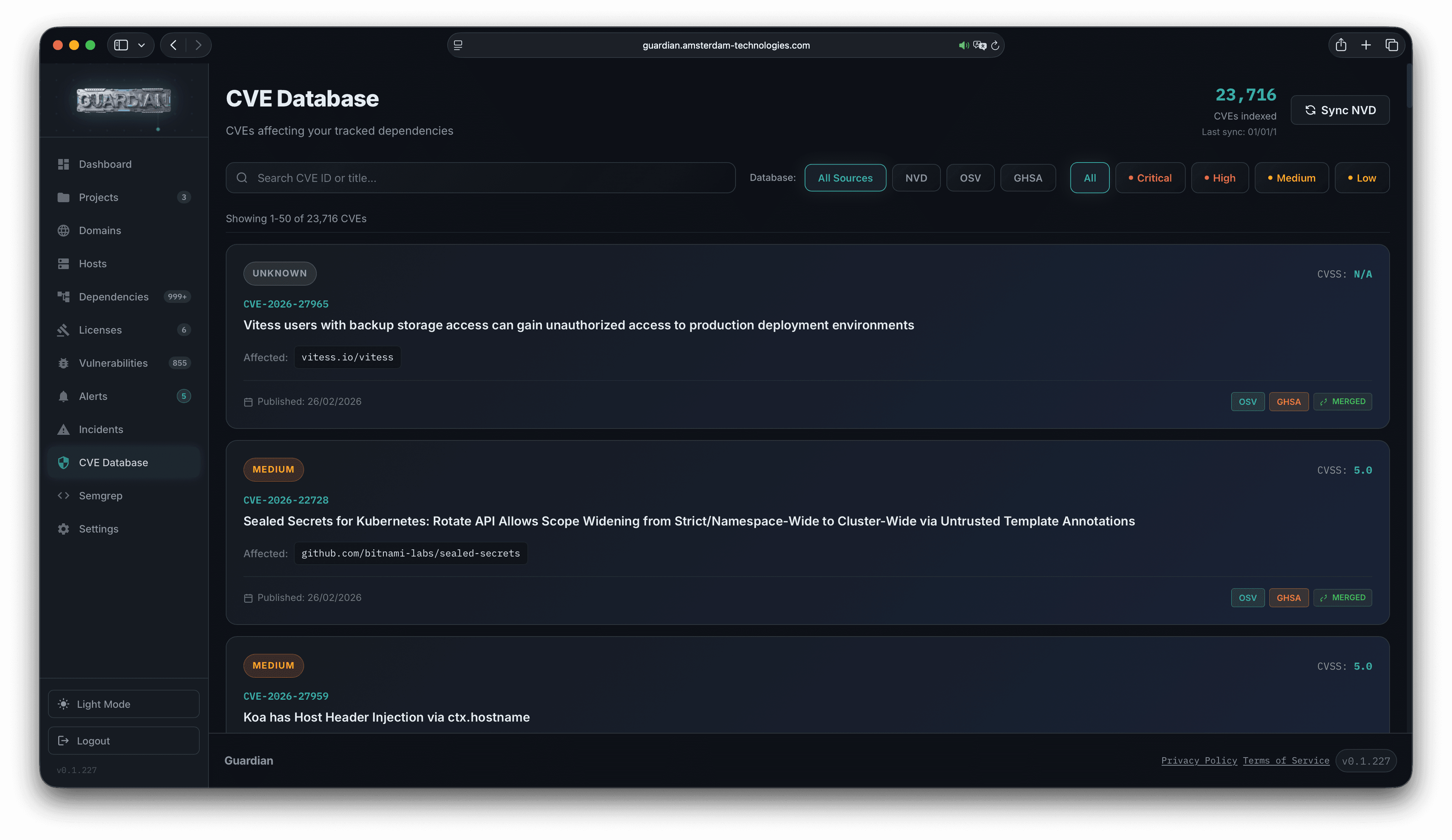 Guardian CVE database with searchable vulnerability records and severity filters