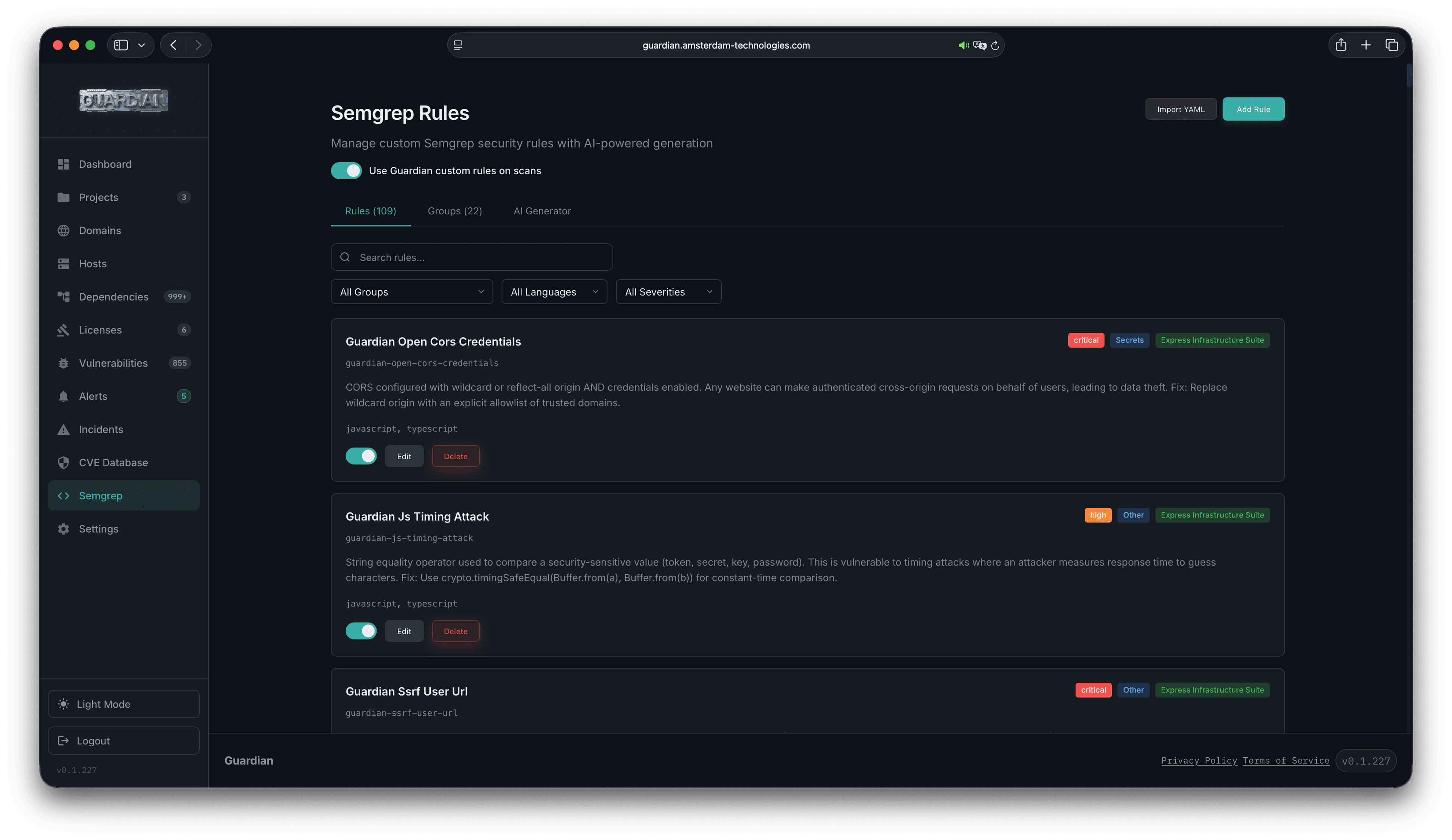 Guardian Semgrep rules screen listing code scanning policies and severity