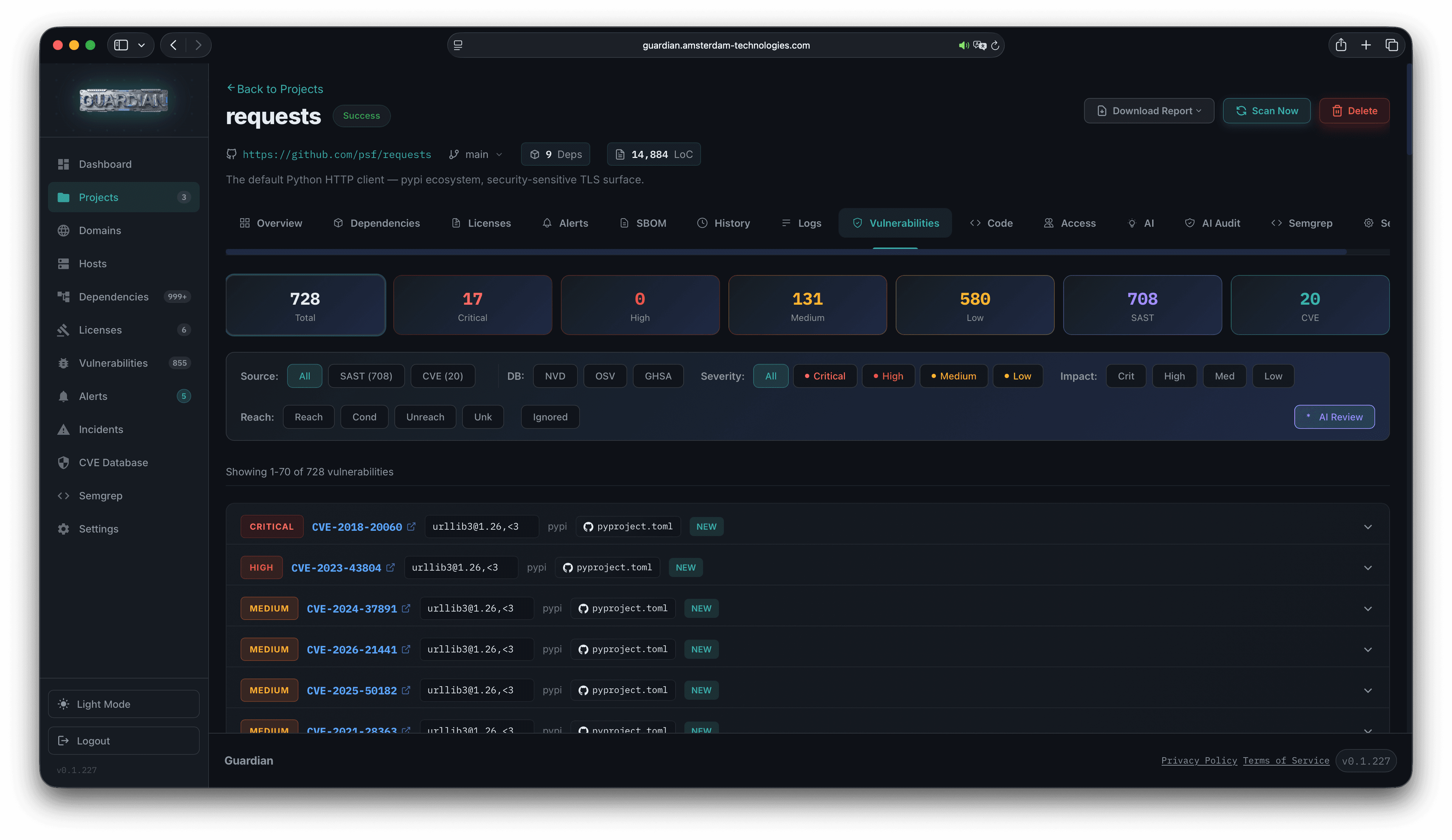 Guardian project vulnerability tab with severity metrics and findings for a repository