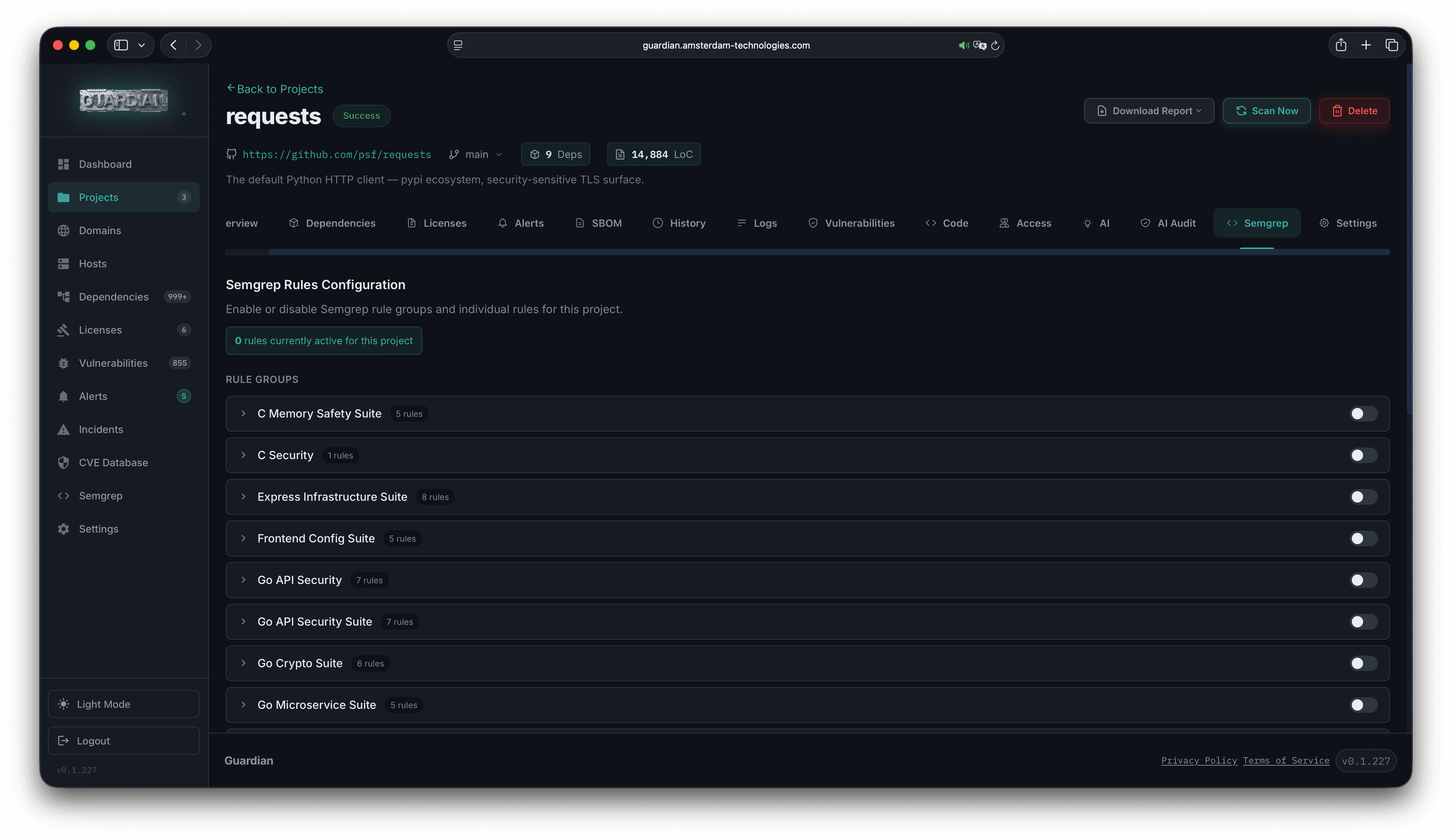 Guardian project Semgrep settings with categorized rule toggles
