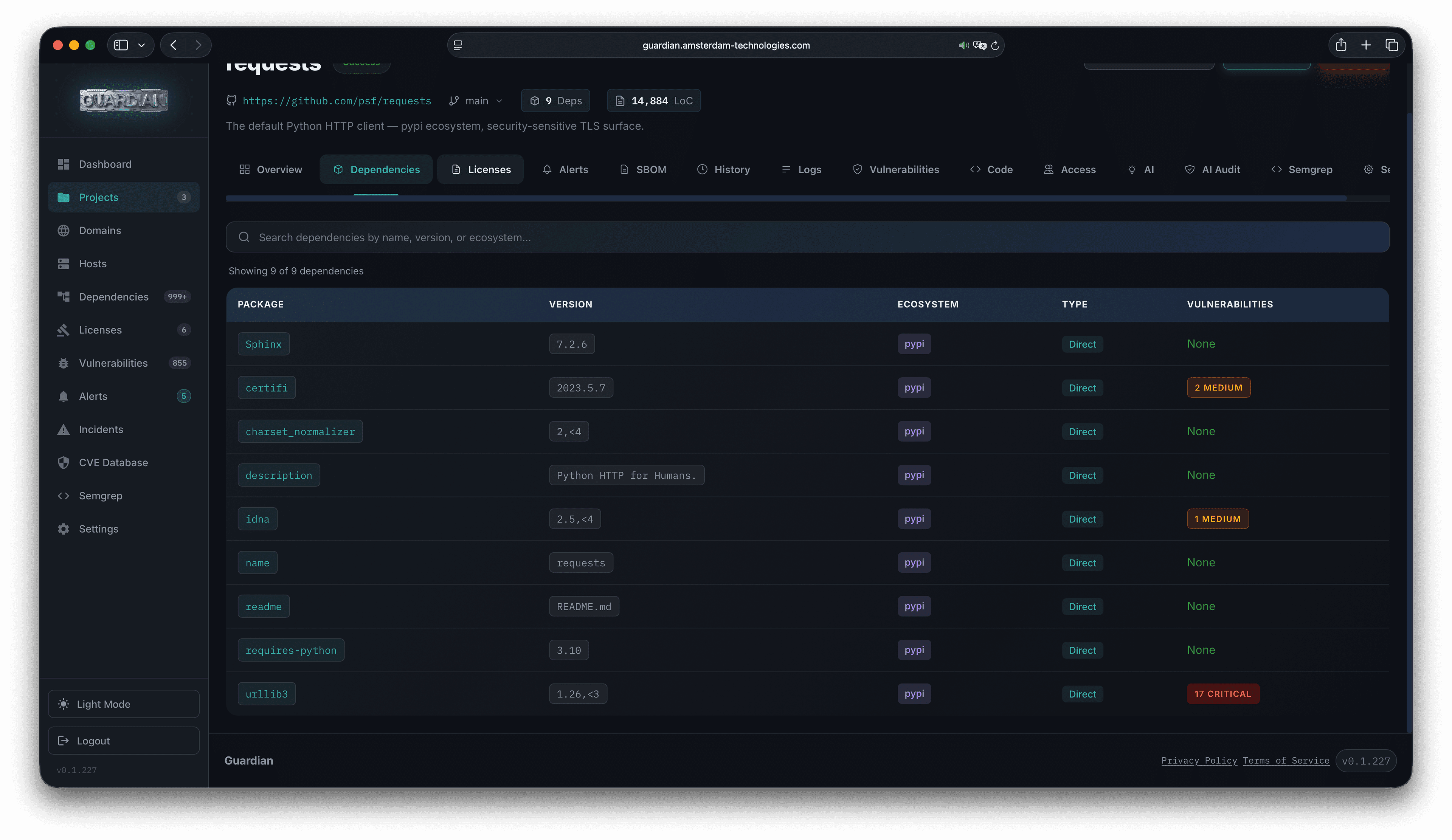 Guardian project dependency tab listing packages, versions, licenses, and vulnerabilities
